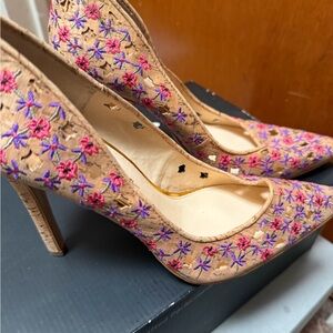 Jessica Simpson Tan Heels with Pink and Purple Embroidery